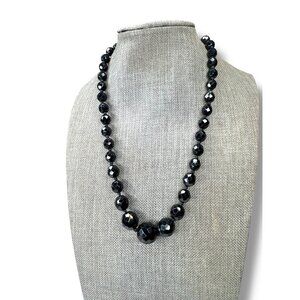 Vintage Austria Jet Black Crystal Hand Knotted Necklace 15.25" - 17.75"